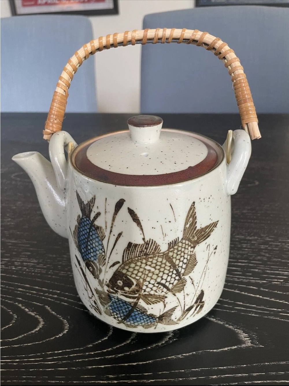 Ceramic Eneaco wild life Rufuge Fish Motif Teapot with Woven Handle – Cream and